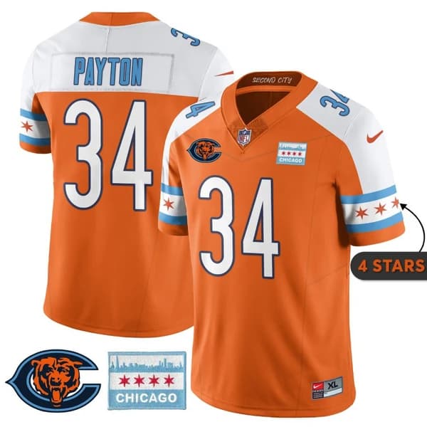 Men's Chicago Bears #34 Walter Payton Orange Alternate City Edition F.U.S.E. With Chicago Flag Vapor Untouchable Limited Stitched Football Jersey